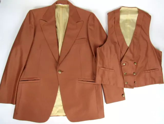 Vtg 1960s 2 Pc Polyester Fancy Leisure Suit Jacket & Vest 60s 70s Shiny Brown