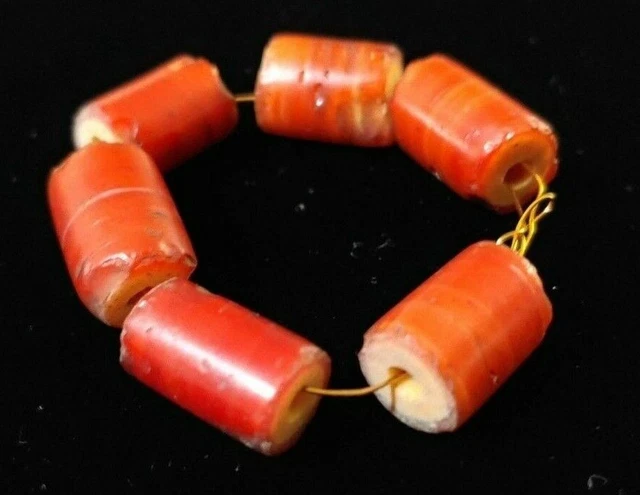 Old Yellow Heart Cornaline D'Aleppo Venetian Glass Cylindrical Beads