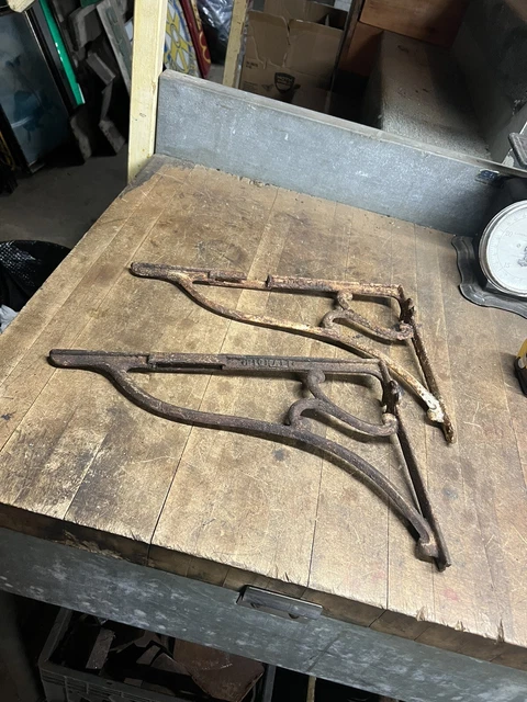 Old Antique Industrial Large Cast Iron Wall Shelf Brackets Bignall Set Pair USA