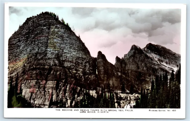 Postcard The Beehive and Devils Thumb w/ Bridal Veil Falls, Lake Agnes RPPC G116