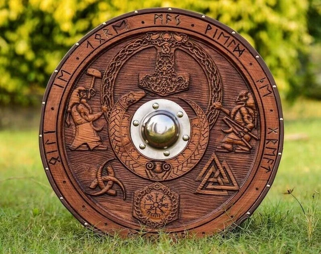 Scudo vichingo medievale personalizzato, scudo vichingo intagliato Mjolnir,...