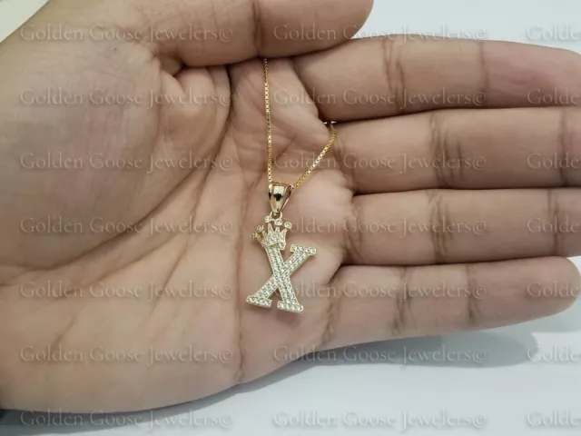 10K Sale Yellow Gold Crown Initial Alphabet Letter X Pendant Charm King CZ Chain