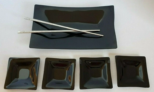Sushi set with metal chopsticks black sleek ceramic tray 4 small plates Japanese