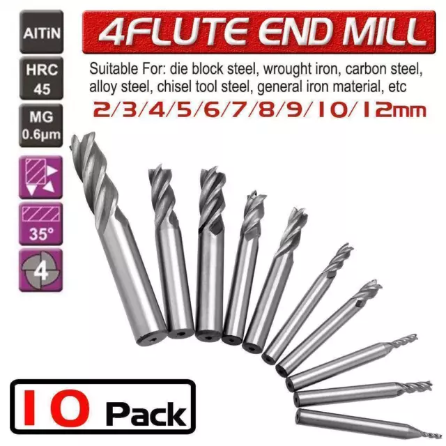 10Pcs Solid Carbide End Mill 4 Flute TiAlN Micrograin Slot Drill Set 2-12MM