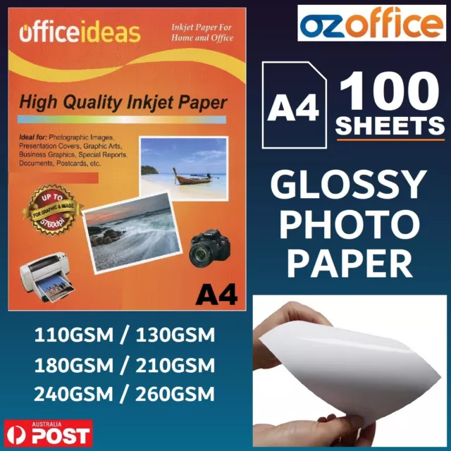 100 X A4 Glossy Photo Paper 110 / 180 / 210 / 240 / 260 GSM Inkjet Print AU