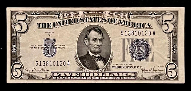1934-D $5.00 Us Silver Certificate, Blue Seal, Vf Crisp S13810120A