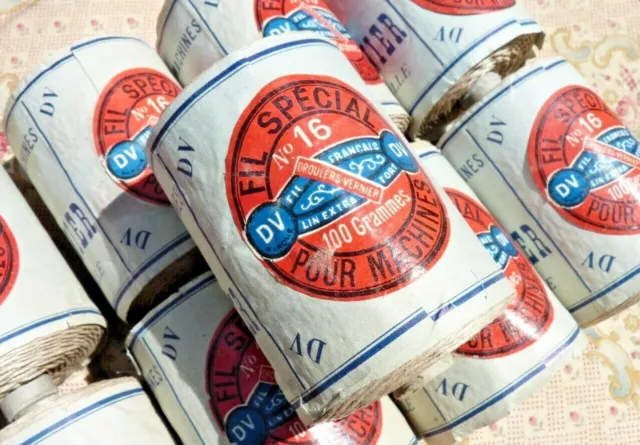 Mercerie ancienne, ANCIENNE BOBINE FIL DE LIN EXTRA "DV" n°16 de 100 gr