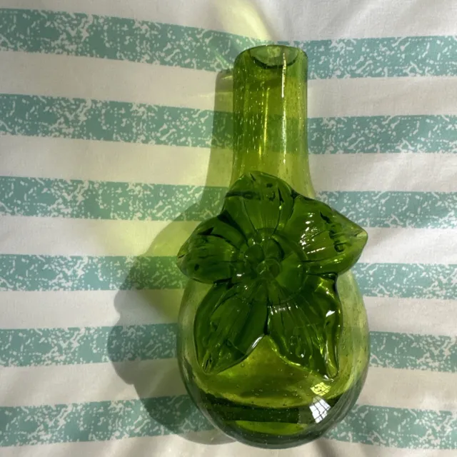 Vintage Hand Blown Green Bubble Art Glass VASE 7” Tall - Applied Glass Flower