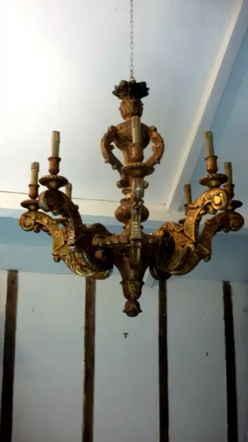 ancien superbe lustre en bois doré style louis XIV h80cmx l80cm  lampe éclairage