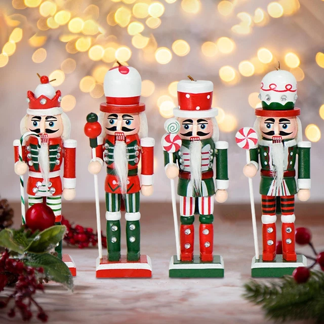 Lot De 4 Figurines Casse-Noisette En Bois à Suspendre - Déco Sapin Noël 12,5 Cm - Soldat Rouge Décoratif