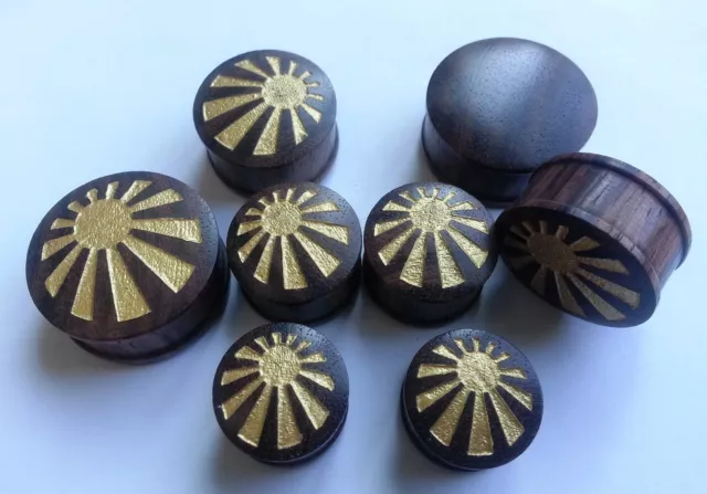 Pair Handmade Japan Sun Raising Gold Painted Sono Wood Ear Plugs Tunnels Gauges