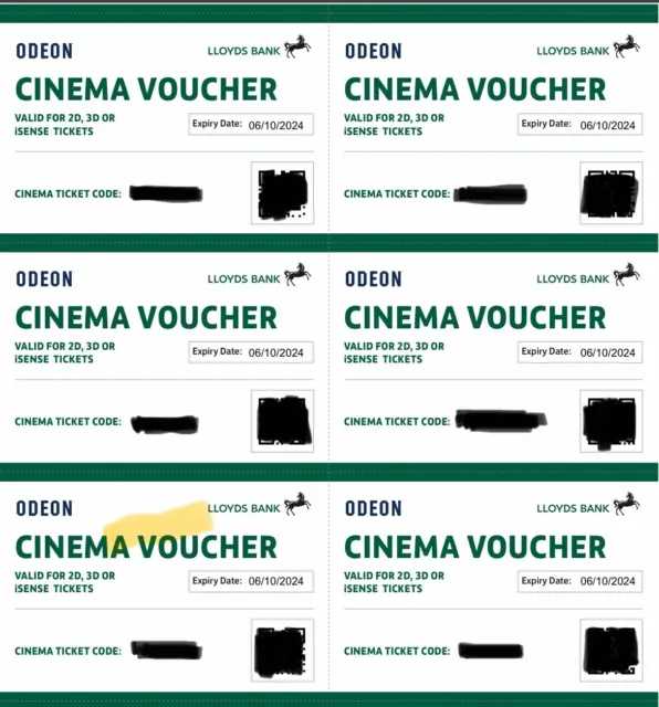 6 x Club Lloyds Odeon Cinema Tickets for iSense 2D 3D Films - Expiry 06/10/2024
