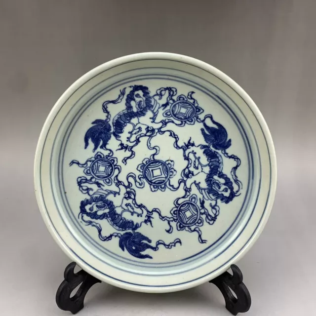 7.3" Collect Chinese Qing Blue White Porcelain Animal Foo Fu Dog Lion Plate