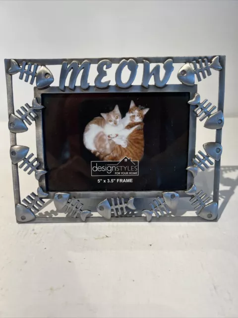 Meow Picture Frame Silver Metal Fish Skeletons Kitty Feline Pet Photo 5x7