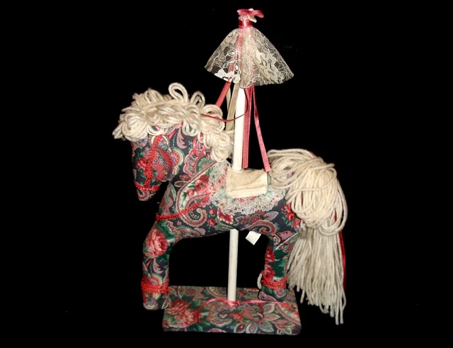 Vintage Carousel Horse Flowered Fabric Yarn Mane/Tail Lace Umbrella 15" Tall