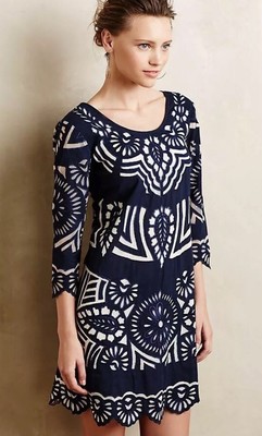 Anthropologie KAS New York Kerala Dress Blue Embroidered Cutout Ivory Mesh Sz 2