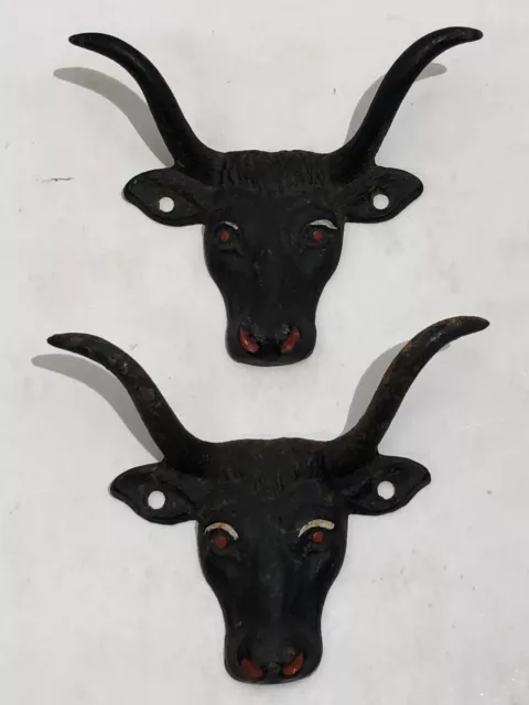 Vintage Cast Iron Bull Longhorn Wall Hook Coat Hanger Farmhouse Hand Painted