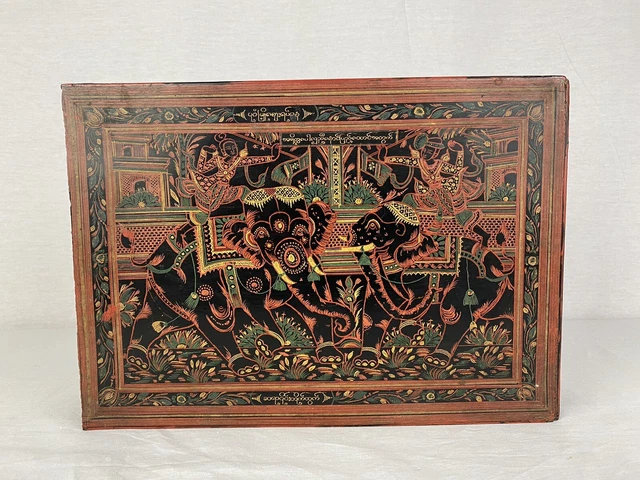 Antique Burmese Gilt Polychrome Painted Lacquer Box With Elephants And Writing