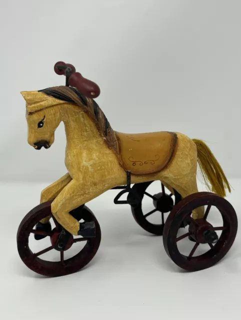 Vtg Rustic Wood Metal Horse on Wheels Tricycle Hand Crafted Country Style Decor