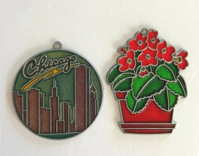 VINTAGE RESIN SUNCATCHERS Stained Glass Style, Chicago skyline, pot of