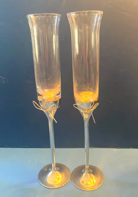 2 Vera Wang Wedgwood, Silver Love Knots Bows Toasting Crystal Champagne Flutes