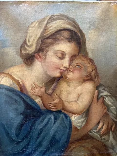 Portrait Femme Vierge À L’enfant Tableau ancien Huile XIX Goût XVII À Restaurer