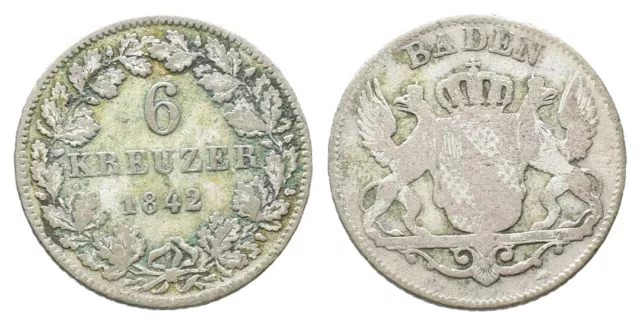 Baden Durlach 6 Kreuzer 1842 Silber Münze Coin (O22)