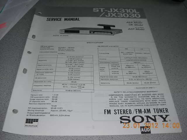 SONY ST-JX310L / JX3030 FM Stereo / FM-AM Tuner Service Manual