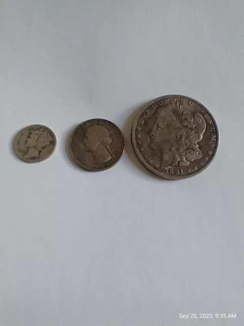 US Mint 90% Silver Coins 1919 Mercury Dime 1932-S Washington Quarter 1891 Morgan