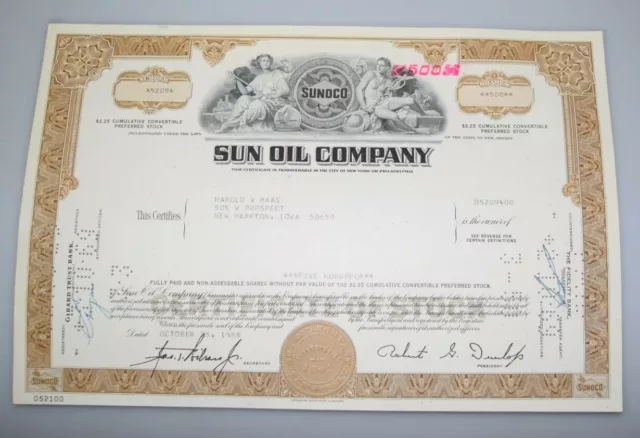 Historisches Wertpapier Aktie Sun Oil Company 500 Shares 1968 130
