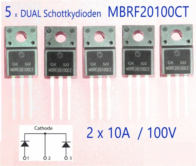 5x 20A / 100V Schottky Diode MBRF20100CT gem. Kathodesuper günstig