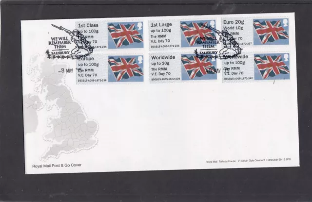 GB 2015 Post & Go Frama ATM Union Flag RMM VE Day 70 FDC Salisbury pictorial pmk