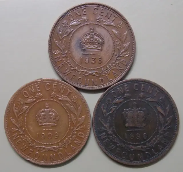 1896 1909 1936 Newfoundland Canada Large 1 Cent Coins Lot Of 3