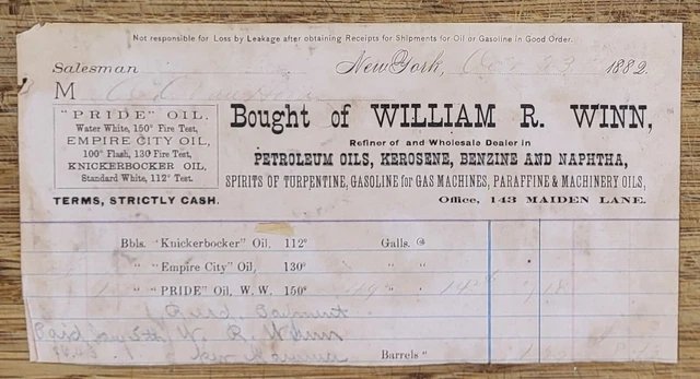 1882 Billhead New York City William R Winn Petroleum Oils Kerosene