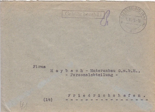 F.Zone - NIEDERBREISIG  (RHEIN)  - Gebühr bezahlt - Brief - 1945