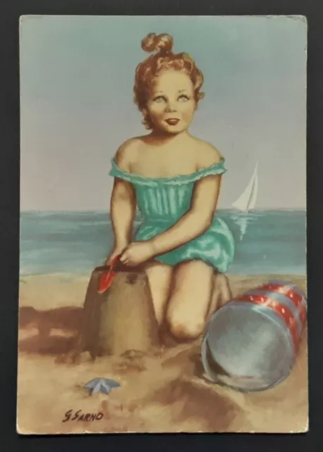 Illustratore G.sarno Bambina In Costume Colonia Di Riccione Cartolina Vg.1962