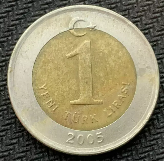 2005 Turkey 1 Lira Coin AU   Bi Metallic  High Grade World Coin   #K1898