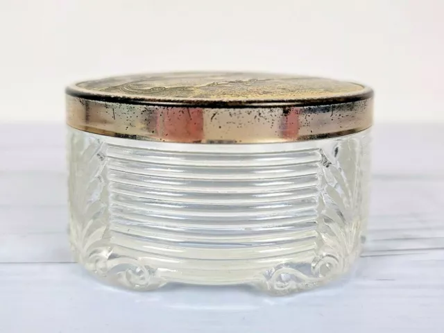 Antique Vanity Jar w Metal Lid, Crystal Vanity Jar, Hair Clip, Hollywood Regency 3