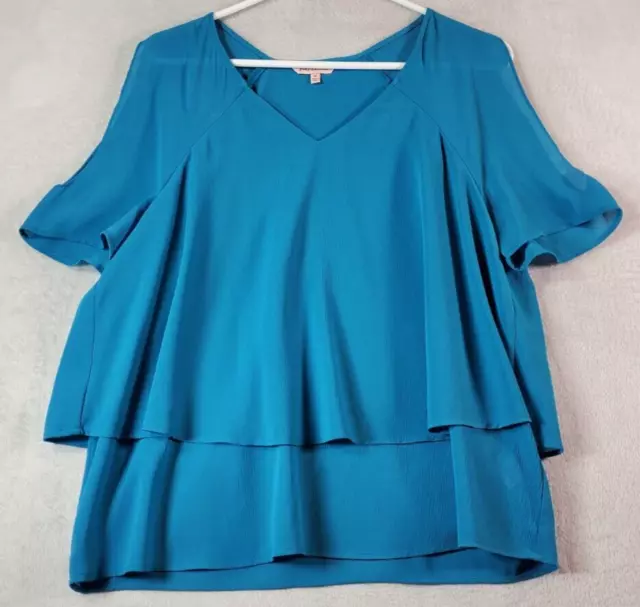Juicy Couture Blouse Top Women Medium Teal Polyester Cold Shoulder Sleeve V Neck