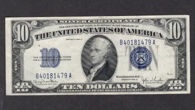 1934 D $10 Ten Dollar Bill Silver Certificate Blue Seal S487