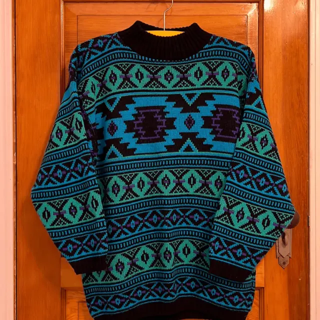 Vintage Croquet Club Black Blue Green Bold Sweater Men’s Medium