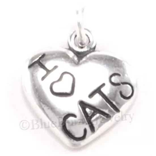 I LOVE CATS Charm Pendant Heart 925 Sterling Silver .925 Kitty Cat Pet Jewelry