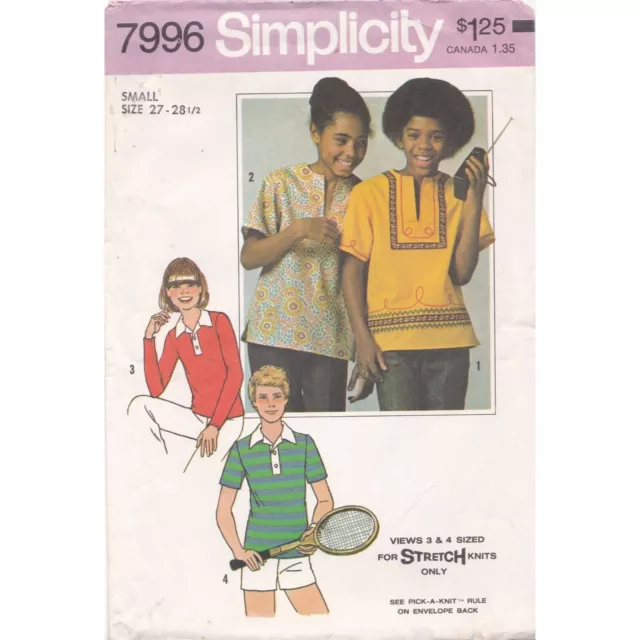 Vintage Sewing PATTERN Simplicity 7996, Boys Girls Teens 1977 Pullover Tops