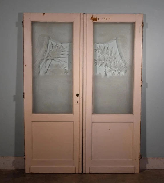 *Pair of Antique French Etched Glass Doors With Peacock Frosted Glass Salvage 7