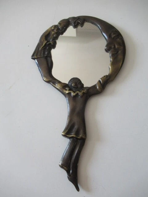 ANCIEN MIROIR À Main en Bronze Pierrot Colombine et Lune, Miroir au