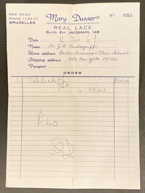 Vintage 1969 Receipt Brussels Mary Dusaer Real Lace Shop For Lace Tablecloth