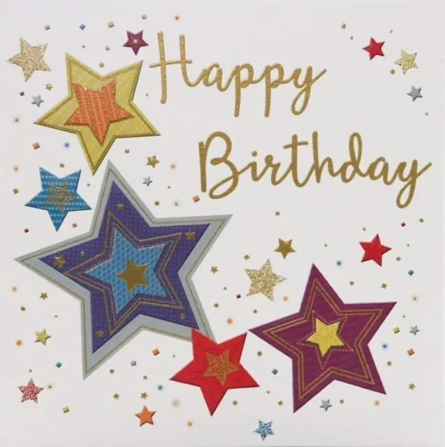 Male Birthday Card / 138 mm sq / Grey / Happy Birthday / Stars / Multicoloured