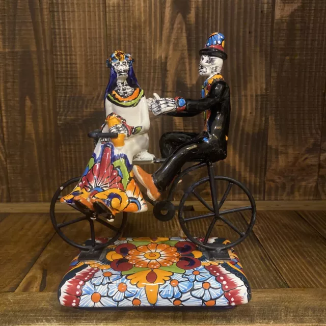 Mexican Talavera Catrina Bicycle Couple Day Of The Dead Figure Art Pottery 8”