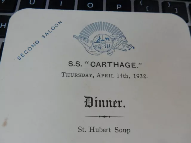 P&O    SS CARTHAGE   14 APR 1932   MENU  CREASED MARKED      10 X 17 Cm