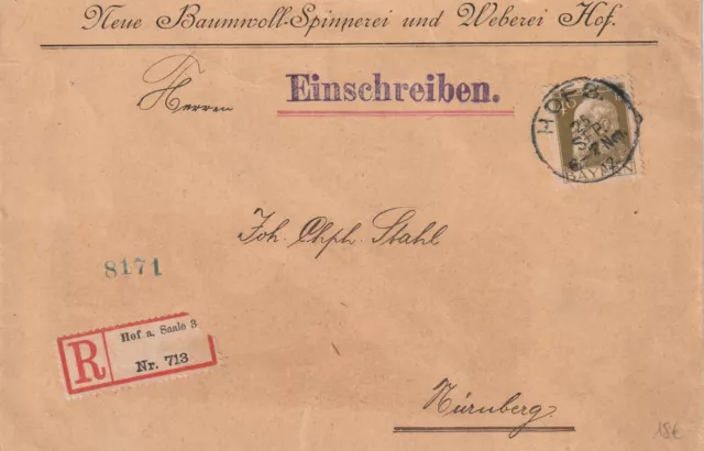 Bayern Einschreiben ab HOF an der SAALE 25.09.1912 EF Nr.82 nach Nürnberg